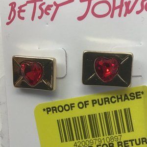Betsey Johnson New Red Heart in Gold Bar Earrings